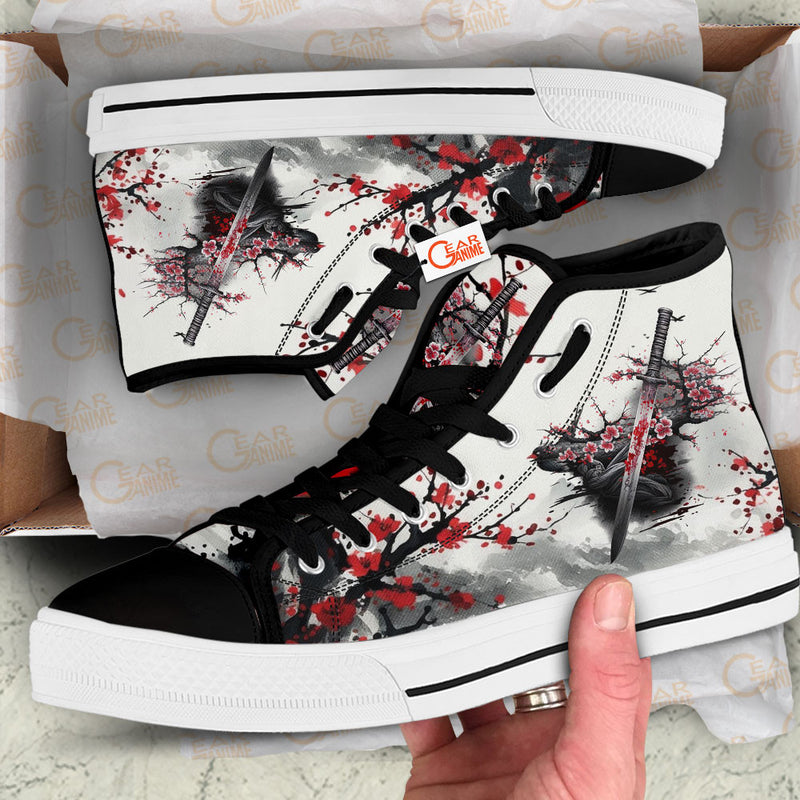 Japanese Katana Sakura Red Sun High Top Shoes Anime HA2806