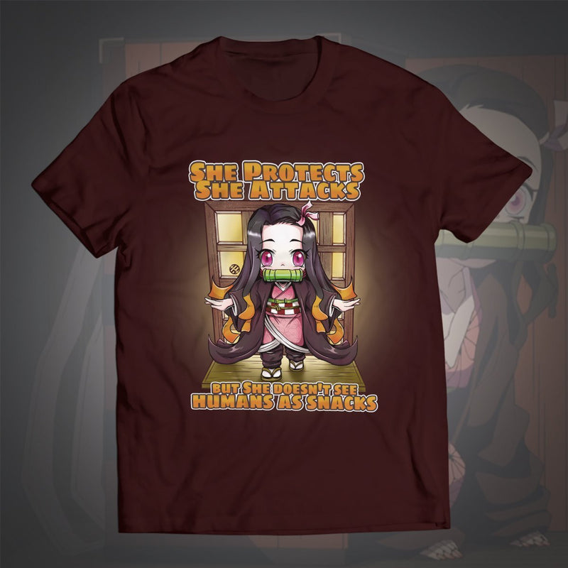 Demon Slayer T-Shirts – She Protects She Attacks but She doesn’t see humans as snacks Unisex T-Shirt