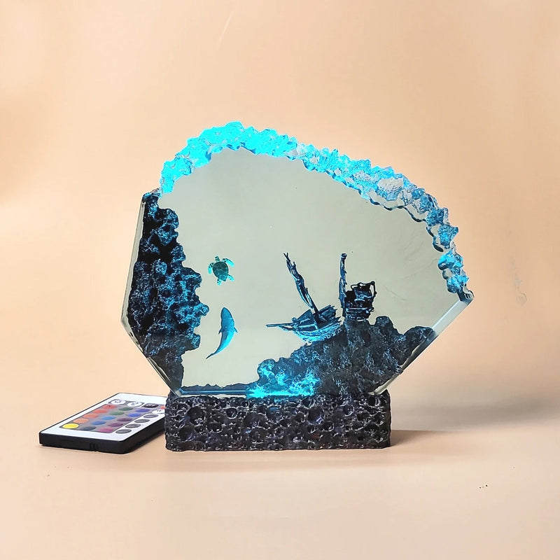 Shark Turtle Shipwreck Undersea Ocean Diorama Epoxy Resin Lamp, Night Light, Wireless Lights