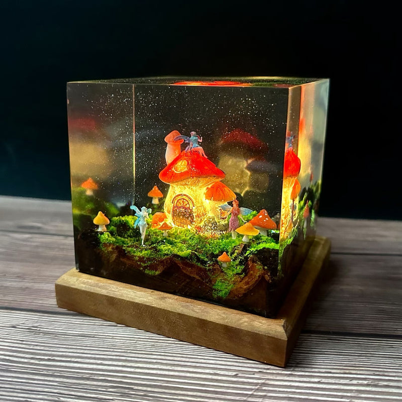 Fairy Garden Mushroom House Epoxy Resin Lamp, Night Light