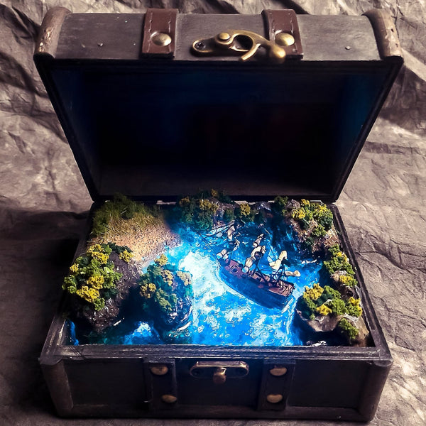 Pirate Ship Island's Beach Diorama Treasure Mistery Box Gift Epoxy Resin, Night Light