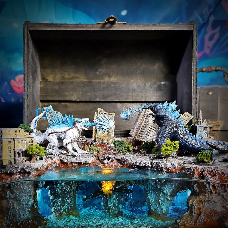 Godzilla vs Shimo Monsters Battle Diorama Treasure Mistery Box Gift Epoxy Resin, Night Light