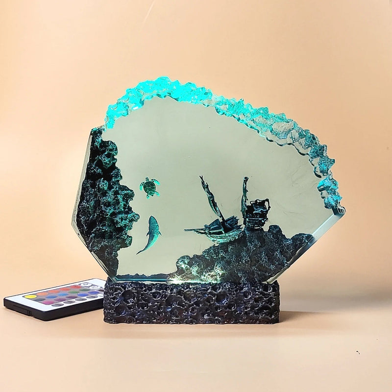 Shark Turtle Shipwreck Undersea Ocean Diorama Epoxy Resin Lamp, Night Light, Wireless Lights