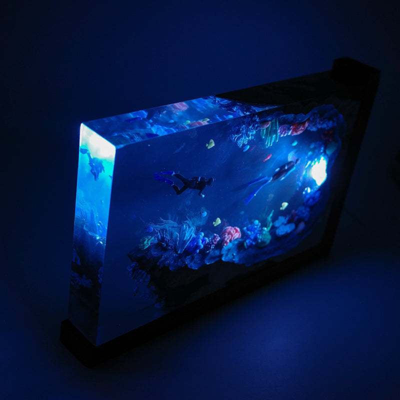 Divers Explore Coral Cave Undersea - High Quality Epoxy Resin Lamp