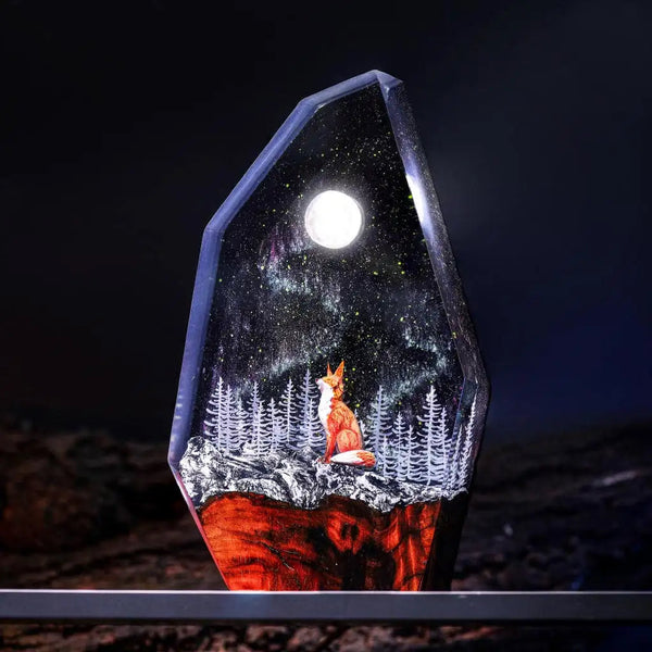 Fox Moon Aurora Borealis Epoxy Resin Lamp, Night Light