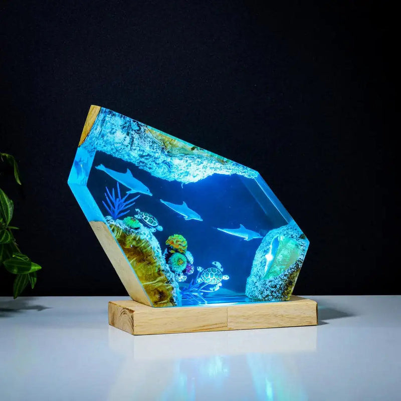 Dolphins and Turtles Undersea Ocean Diorama Epoxy Resin Lamp, Night Light