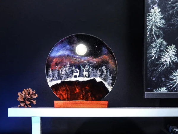 Deer In Enchanted Forest Theme Diorama Epoxy Resin Lamp, Night Light