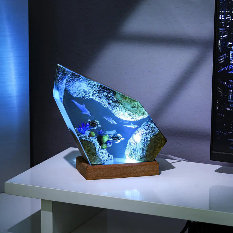 Dolphins and Turtles Undersea Ocean Diorama Epoxy Resin Lamp, Night Light