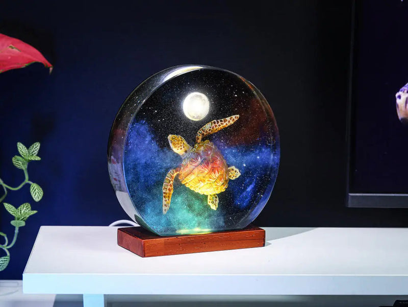 Universe Galaxy Turtle Moon Theme Diorama Epoxy Resin Lamp, Night Light