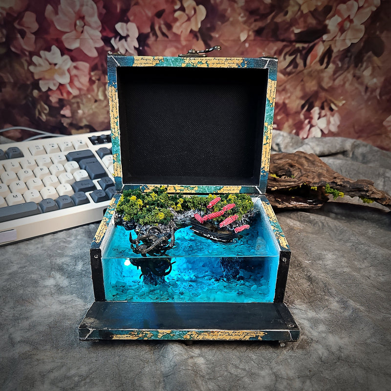 Kraken in the Sea Beach Ship Diorama Treasure Mistery Box Gift Epoxy Resin, Night Light