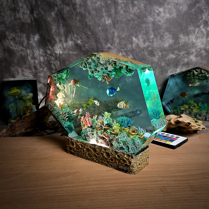 Oean Undersea Nemo Fish Turtles Coral Epoxy Resin Lamp, Night Light, Wireless Lights