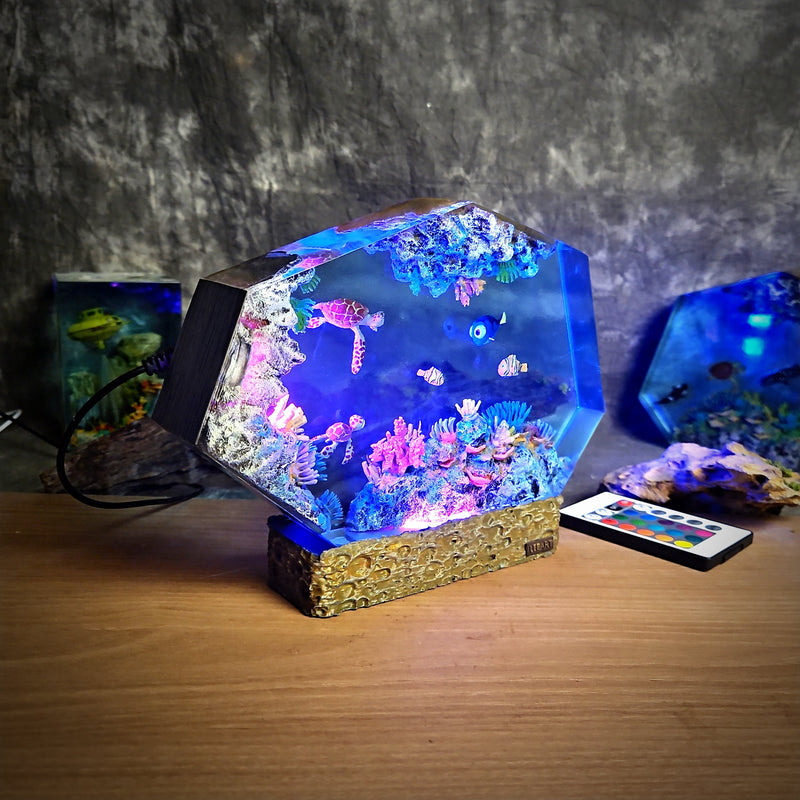 Oean Undersea Nemo Fish Turtles Coral Epoxy Resin Lamp, Night Light, Wireless Lights