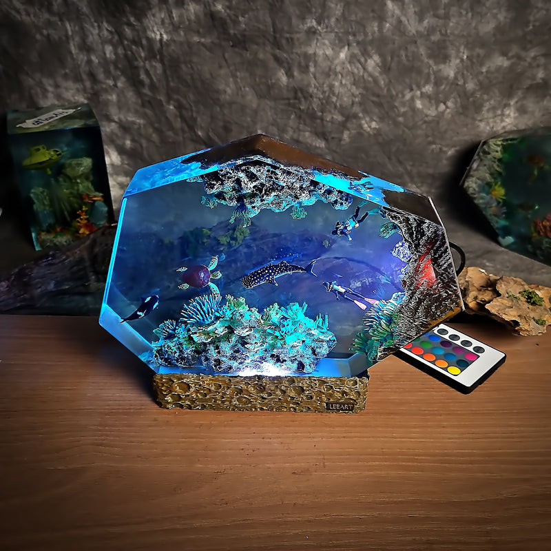 Oean Undersea Divers Orca Turtle Whale Shark Coral Epoxy Resin Lamp, Night Light, Wireless Lights