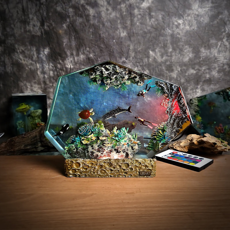 Oean Undersea Divers Orca Turtle Whale Shark Coral Epoxy Resin Lamp, Night Light, Wireless Lights