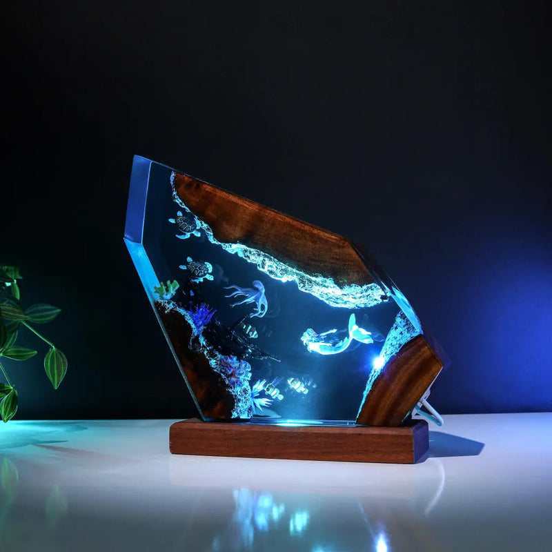 Octopus Turtles Mermaid Jellys Shipwreck Undersea Ocean Diorama Epoxy Resin Lamp, Night Light