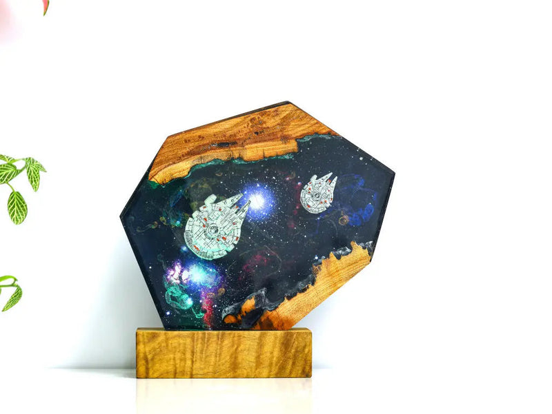 Universe Astronaut Moon Star Wars Millennium Falcon Galaxy Diorama Epoxy Resin Lamp, Night Light