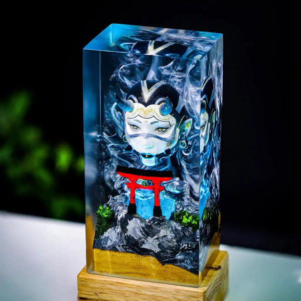 Girl Oni Mask and Torii Gate Epoxy Resin Lamp, Night Light