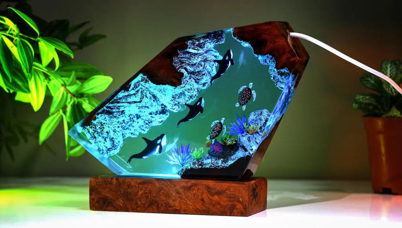 Orcas and Sea Turtles  Undersea Ocean Diorama Epoxy Resin Lamp, Night Light