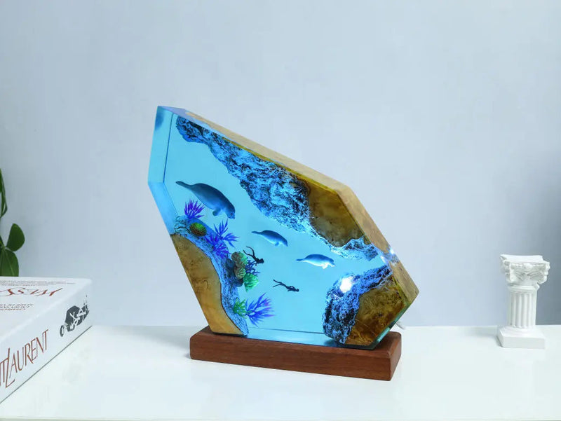 Seals and Divers Undersea Ocean Diorama Epoxy Resin Lamp, Night Light