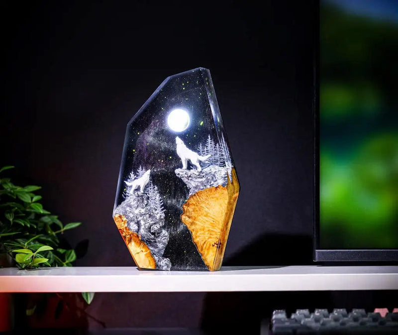 White Wolfs Howling At The Moon Aurora Borealis Epoxy Resin Lamp, Night Light