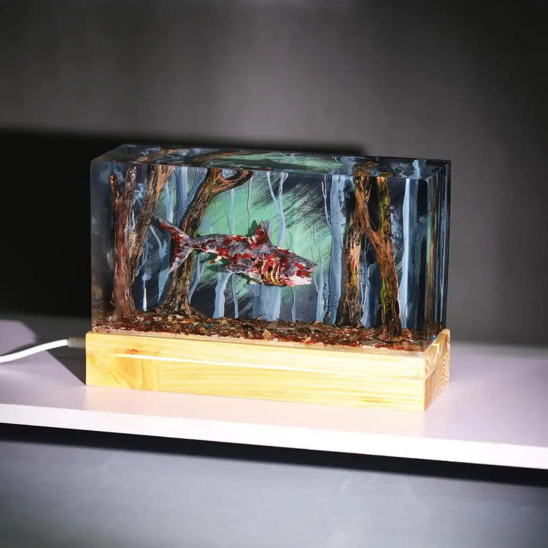 Zombie Great White Shark Diorama Epoxy Resin Lamp, Night Light