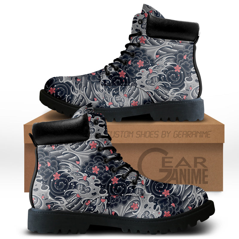 Japan Great Wave Sakura Tattoo Boots Anime Custom Shoes PT1508