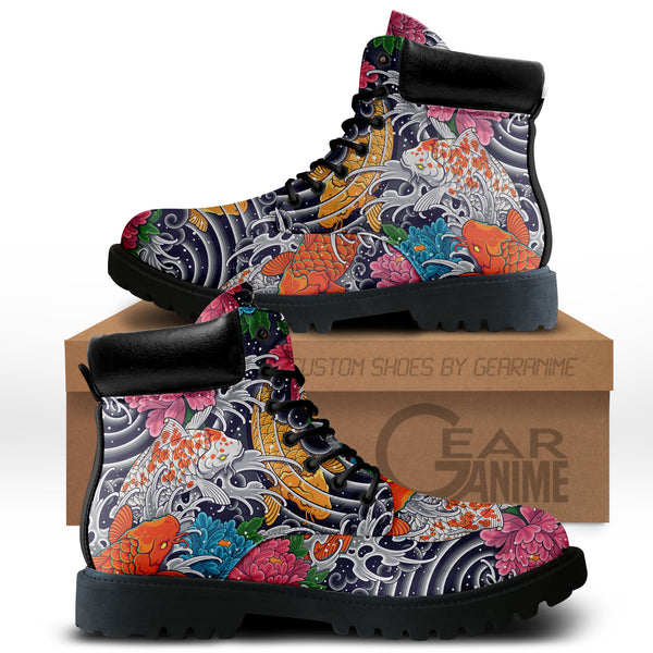 Japan Koi Fish Peony Tattoo Boots Anime Custom Shoes PT1508