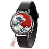 Kanagawa Wave Red Sun Leather Band Wrist Watch