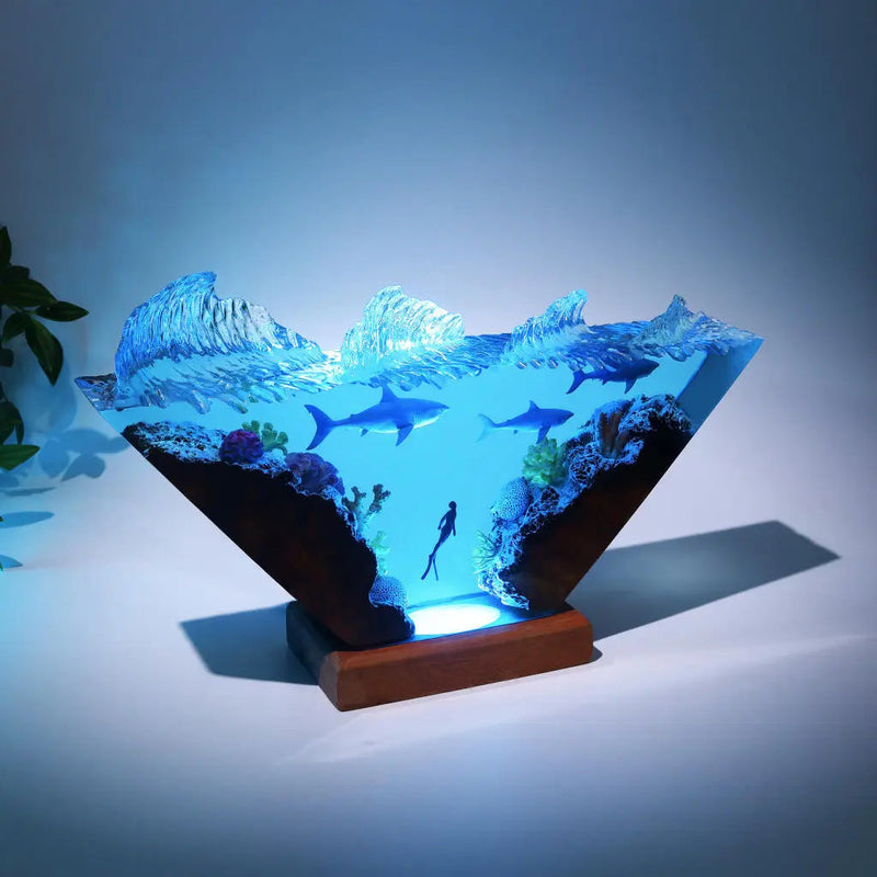 White Shark & Diver Ocean Undersea Theme Diorama Epoxy Resin Lamp, Night Light