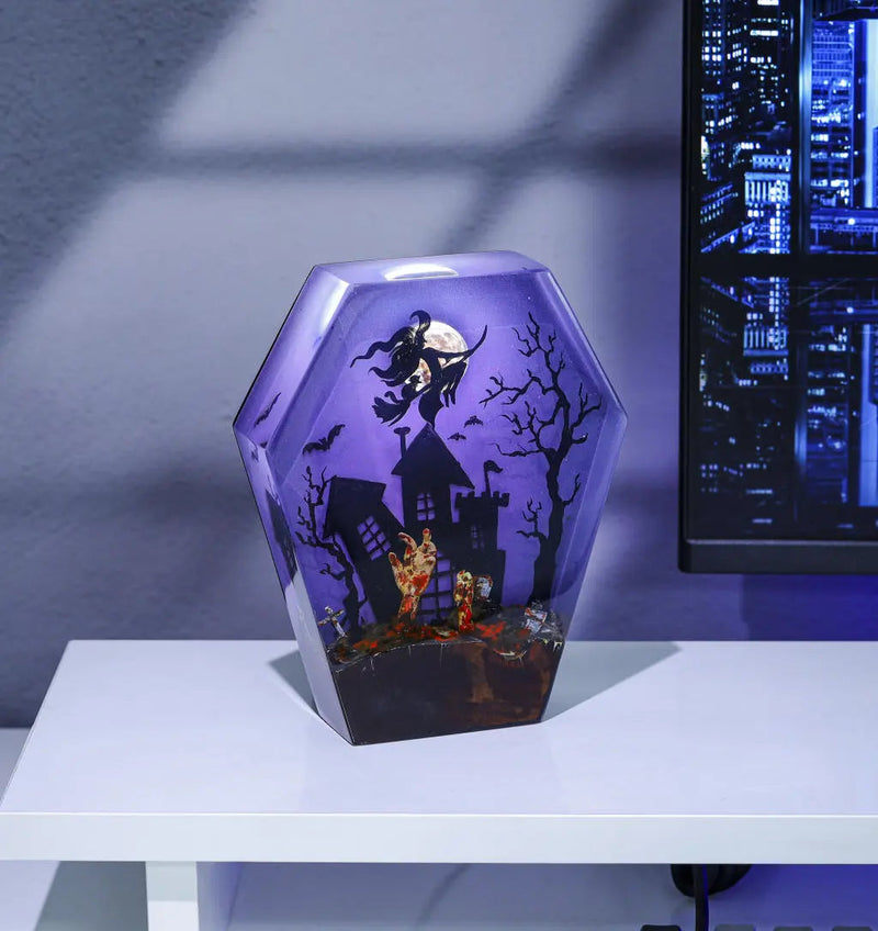 Witch Ride Broom Halloween Theme Epoxy Resin Lamp, Night Light