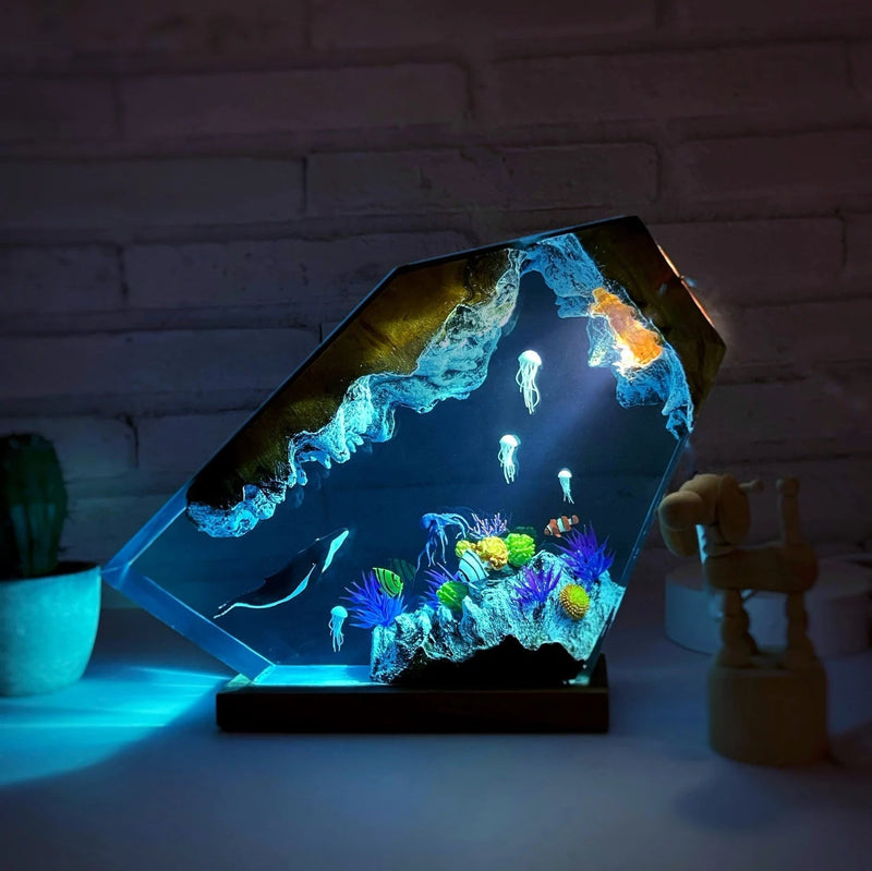 Humpback Whale Octopus Jellys Fish Undersea Ocean Diorama Epoxy Resin Lamp, Night Light