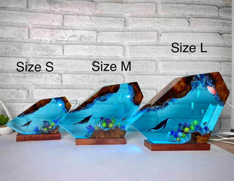 Humpback Whale Octopus Jellys Fish Undersea Ocean Diorama Epoxy Resin Lamp, Night Light