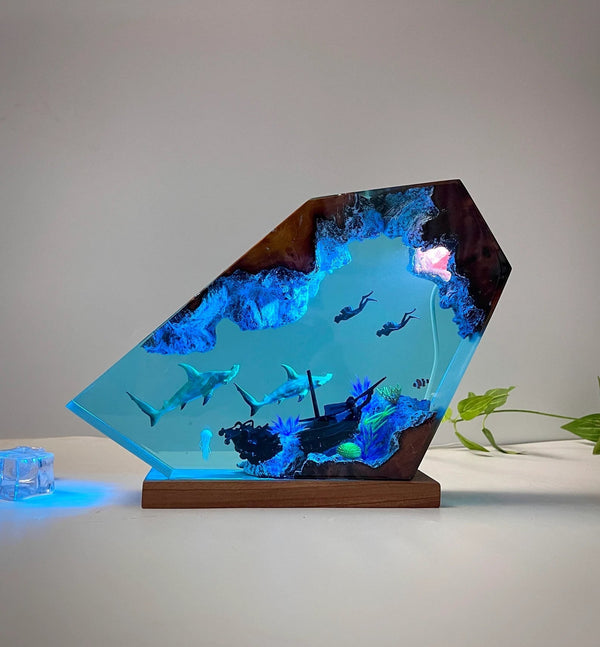 Hammerhead Sharks Diver Shipwreck Undersea Ocean Diorama Epoxy Resin Lamp, Night Light