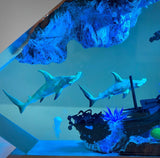 Hammerhead Sharks Diver Shipwreck Undersea Ocean Diorama Epoxy Resin Lamp, Night Light