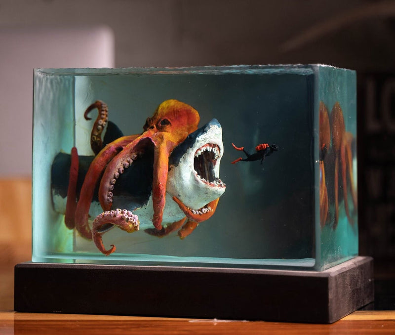 Meg 2 Giant Octopus Diver Epoxy Resin Lamp, Night Light