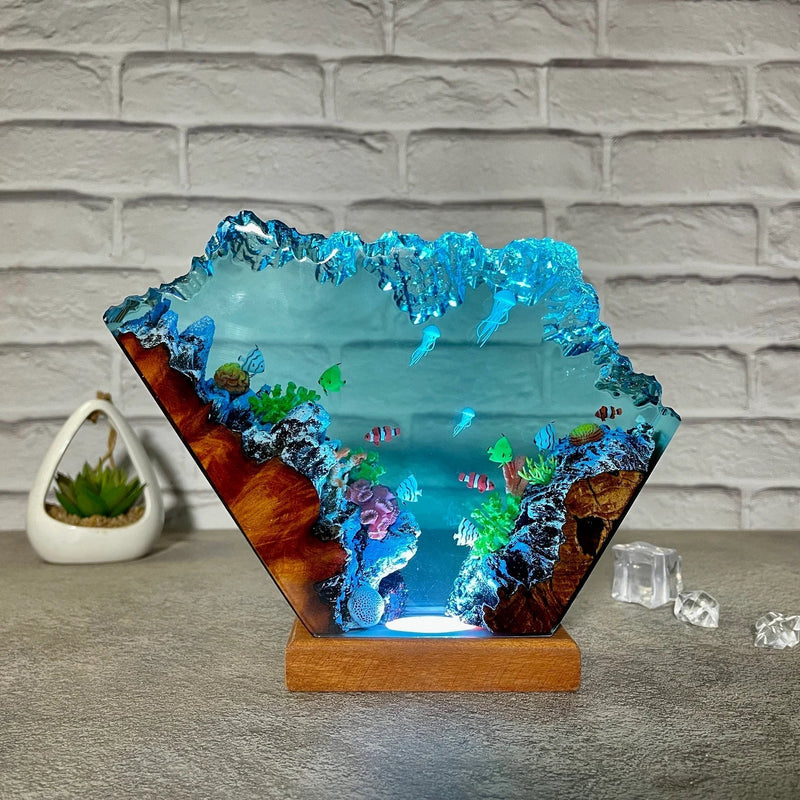 Coral Jellyfishs Undersea Ocean Diorama Epoxy Resin Lamp, Night Light