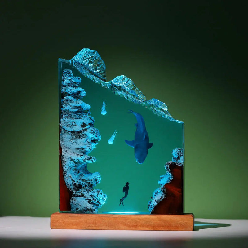 Megalodon Shark Jelly Divers Undersea Ocean Diorama Epoxy Resin Lamp, Night Light